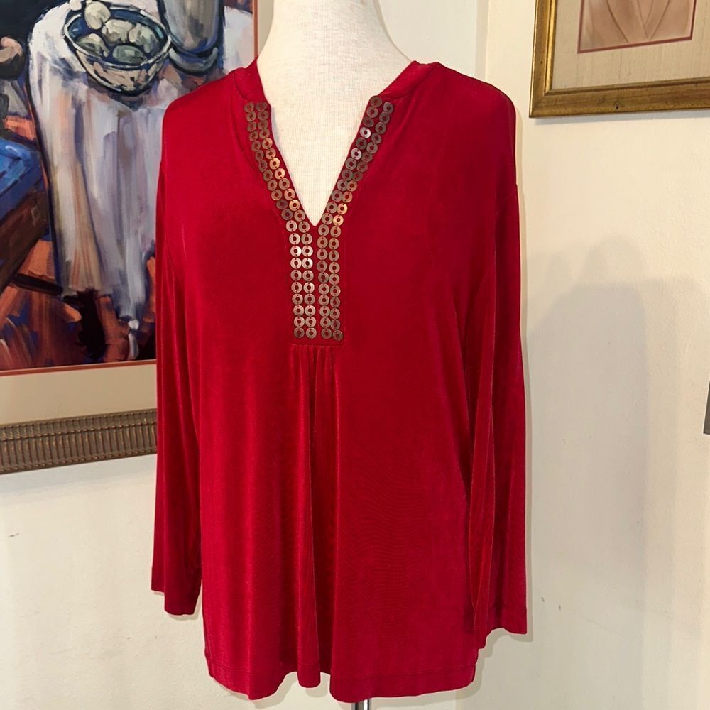 Chico’s Travelers Red Embellished Women's Tunic Size 3 = XL